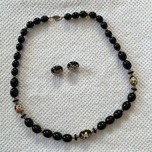 Vintage Japanese Floral  Enamel Black Bead Necklace and Earring
